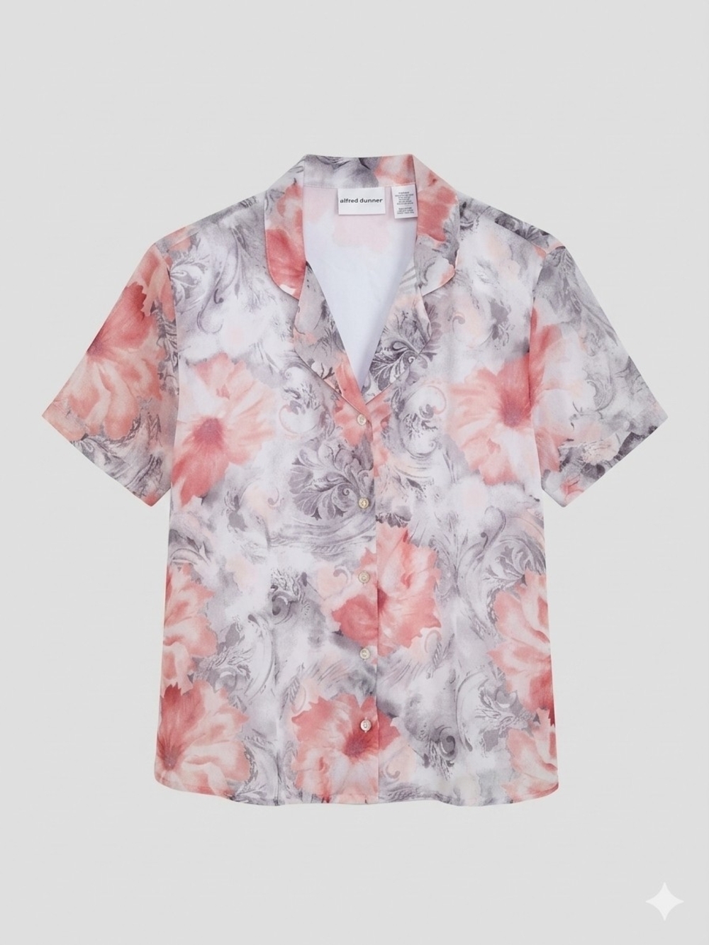 Alfred Dunner Pink Coral and Gray Floral Short-Sleeve Button Shirt